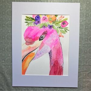 Colorful Hand Painted Floral Flamingo Watercolor Bird Art Painting with Matting